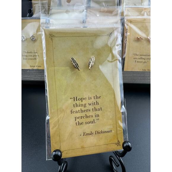 Bookish Quote Earrings - Gold Feather Emily Dickinson - Picture 2 of 3
